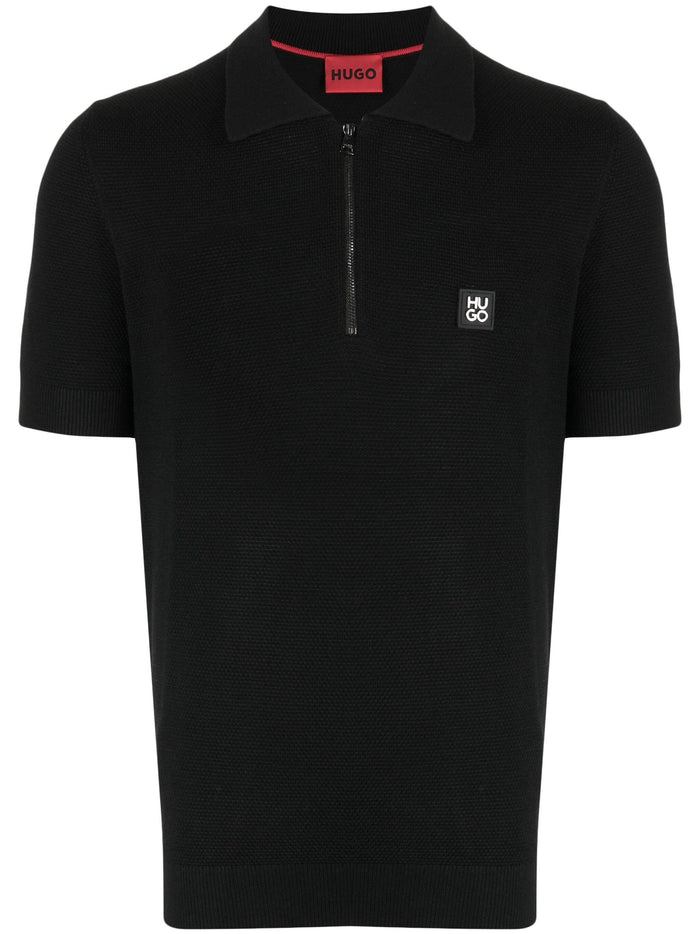 HUGO MEN Logo-patch Zipped Polo Shirt Black - MAISONDEFASHION.COM