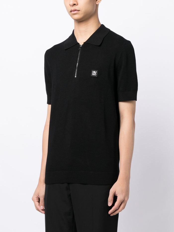 HUGO MEN Logo-patch Zipped Polo Shirt Black - MAISONDEFASHION.COM