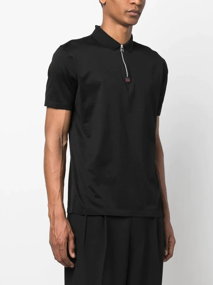 HUGO Logo-patch Zipped Polo Shirt Black - MAISONDEFASHION.COM