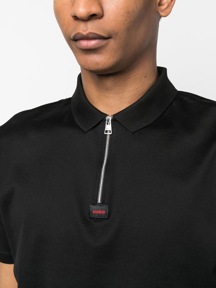 HUGO Logo-patch Zipped Polo Shirt Black - MAISONDEFASHION.COM