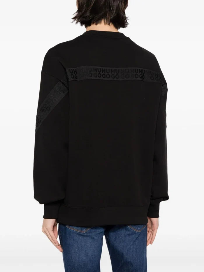 HUGO MEN Logo-Tape Jersey Sweatshirt Black - MAISONDEFASHION.COM
