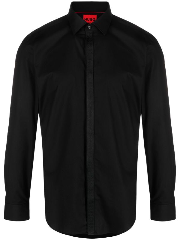 HUGO MEN Logo-tape Long-sleeved Cotton Shirt Black - MAISONDEFASHION.COM
