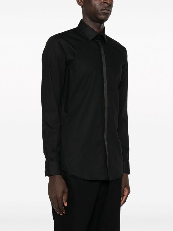 HUGO MEN Logo-tape Long-sleeved Cotton Shirt Black - MAISONDEFASHION.COM
