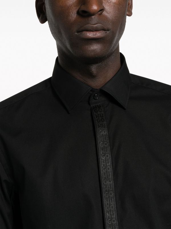 HUGO MEN Logo-tape Long-sleeved Cotton Shirt Black - MAISONDEFASHION.COM
