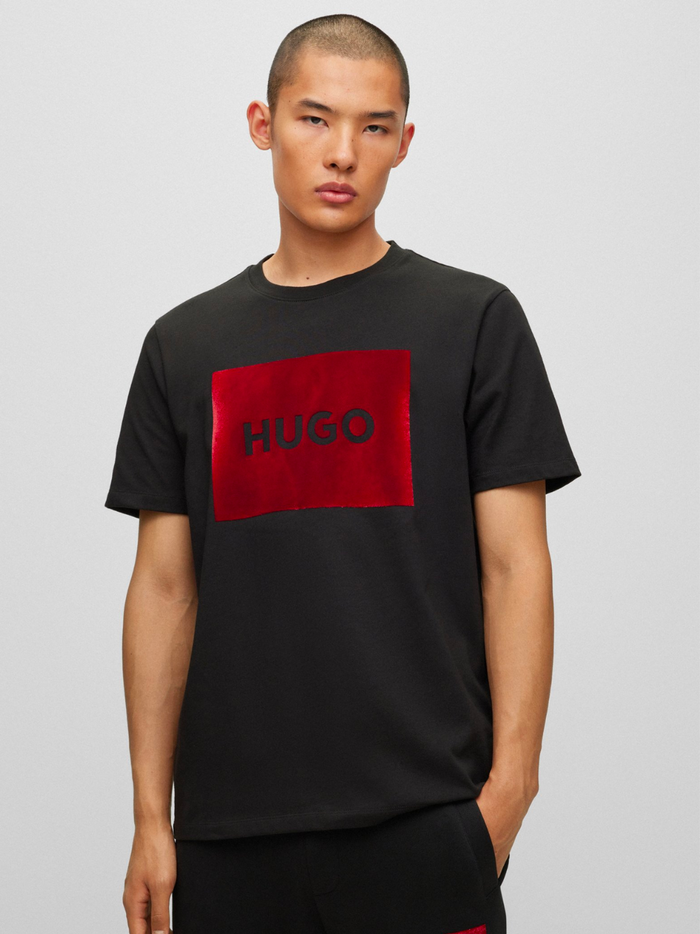 HUGO MEN Metallic Logo-print Cotton T-shirt Black - MAISONDEFASHION.COM