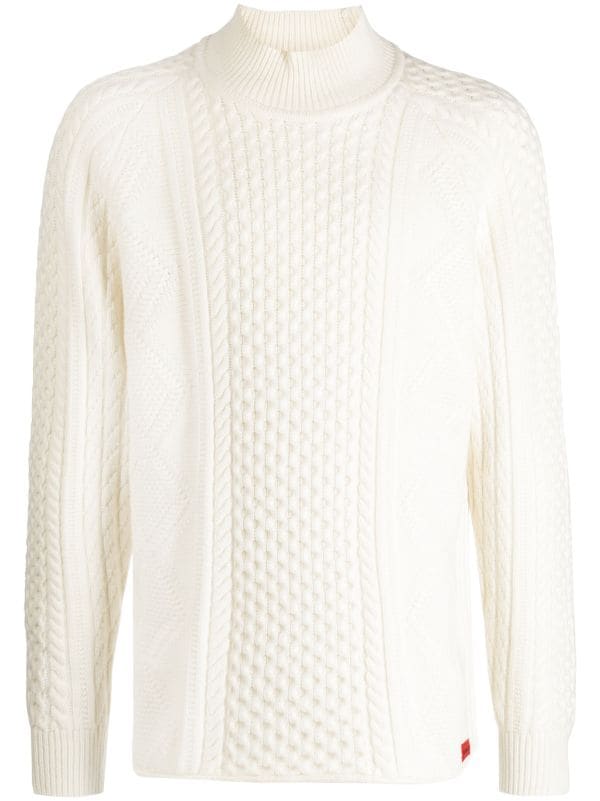 HUGO MEN  Oversized-Fit Cable-Knit Mock Neck Sweater Open White - MAISONDEFASHION.COM