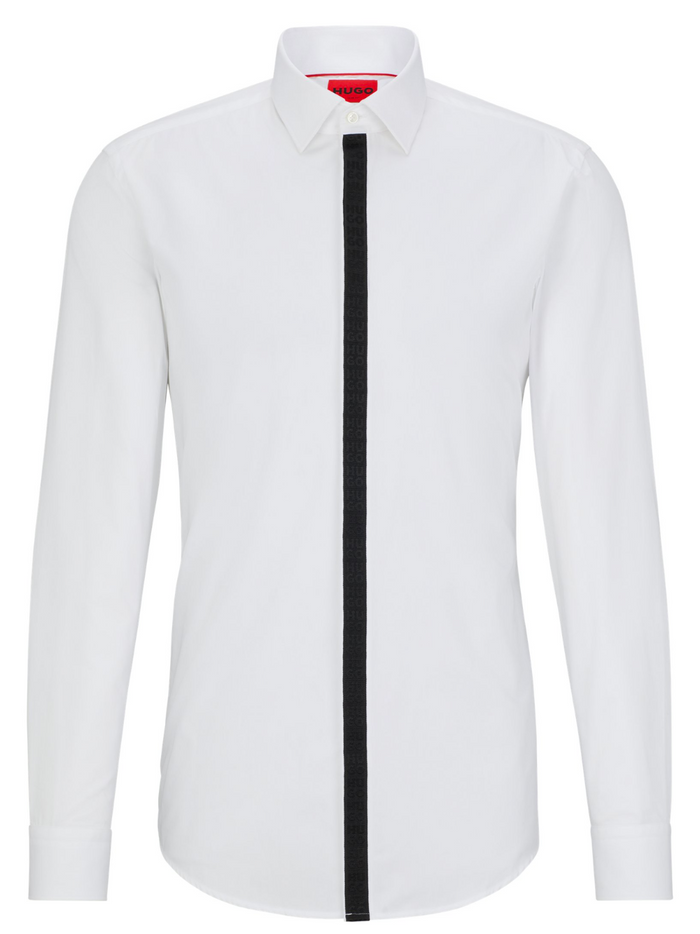 HUGO MEN Slim-fit Long-sleeved Cotton Shirt White - MAISONDEFASHION.COM