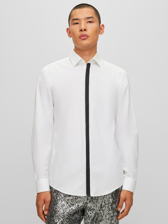 HUGO MEN Slim-fit Long-sleeved Cotton Shirt White - MAISONDEFASHION.COM
