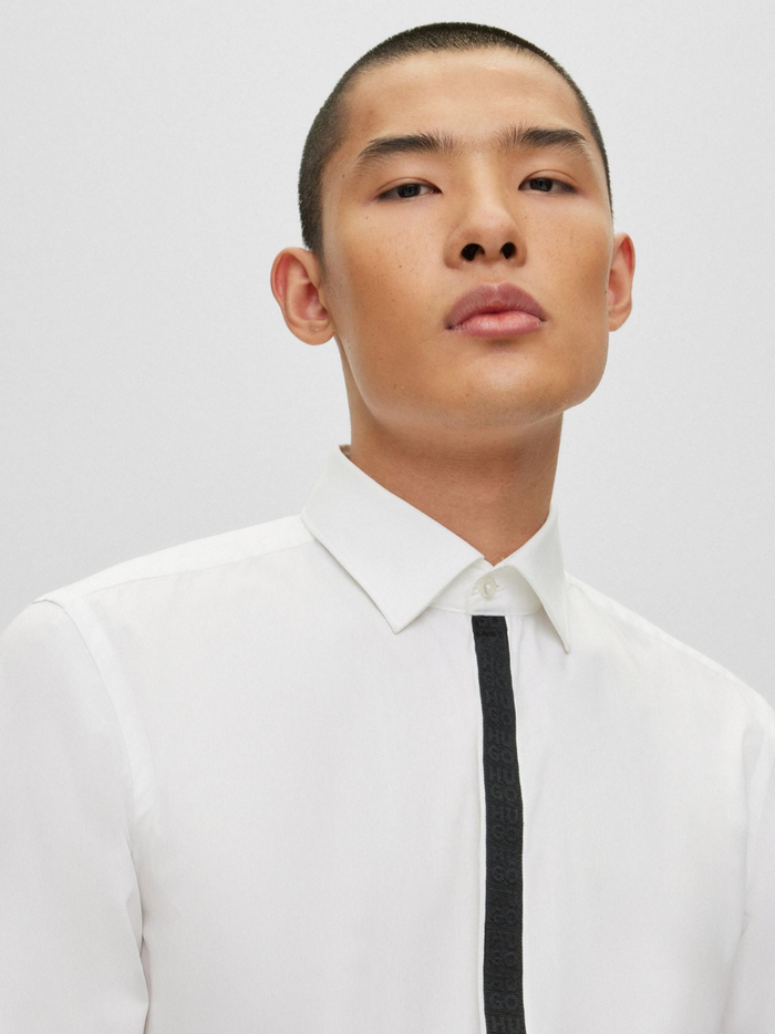 HUGO MEN Slim-fit Long-sleeved Cotton Shirt White - MAISONDEFASHION.COM