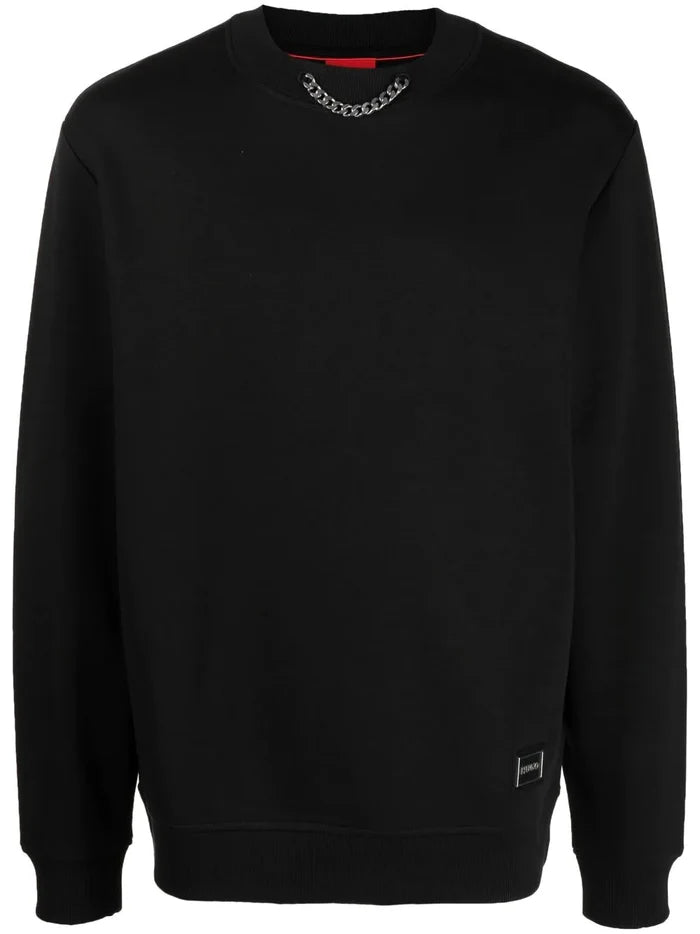 HUGO Relaxed-Fit Cotton Blend Sweatshirt With Chain Collar Black - MAISONDEFASHION.COM