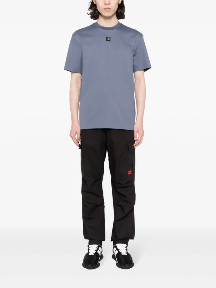 HUGO Square Logo Print Cotton Short Sleeve T-Shirt Open Blue - MAISONDEFASHION.COM