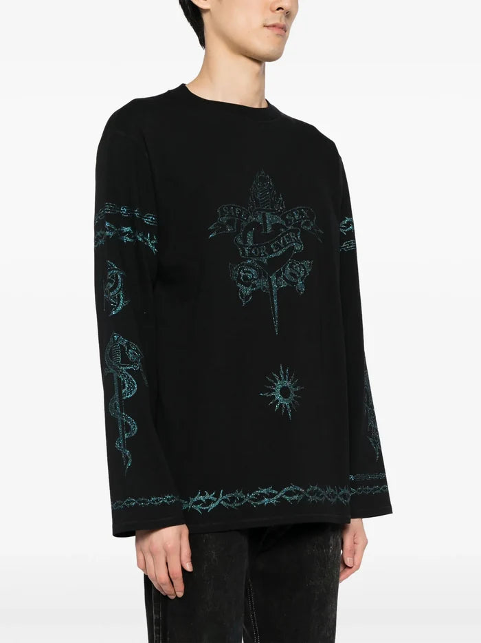 JEAN PAUL GAULTIER UNISEX Oversized Printed Glitter Graphic Long Sleeve T-Shirt Black - MAISONDEFASHION.COM