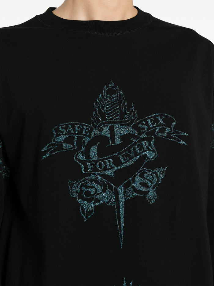 JEAN PAUL GAULTIER UNISEX Oversized Printed Glitter Graphic Long Sleeve T-Shirt Black - MAISONDEFASHION.COM