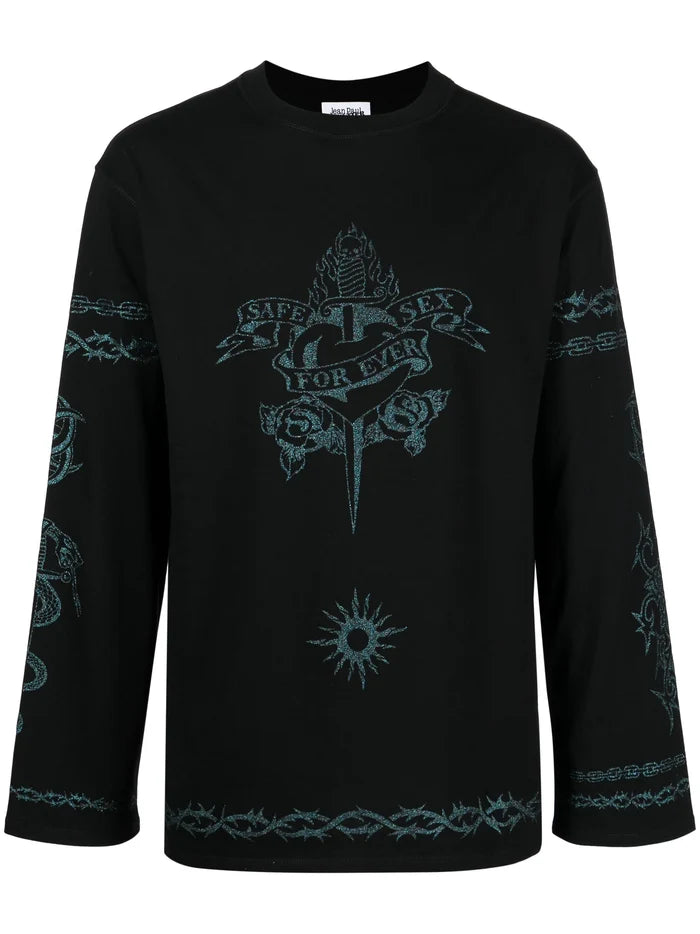 JEAN PAUL GAULTIER UNISEX Oversized Printed Glitter Graphic Long Sleeve T-Shirt Black - MAISONDEFASHION.COM