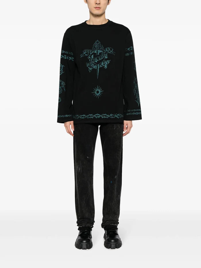 JEAN PAUL GAULTIER UNISEX Oversized Printed Glitter Graphic Long Sleeve T-Shirt Black - MAISONDEFASHION.COM