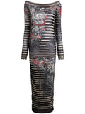 JEAN PAUL GAULTIER WOMEN Long Boat Neck Printed Dress Navy/Blue/White - MAISONDEFASHION.COM