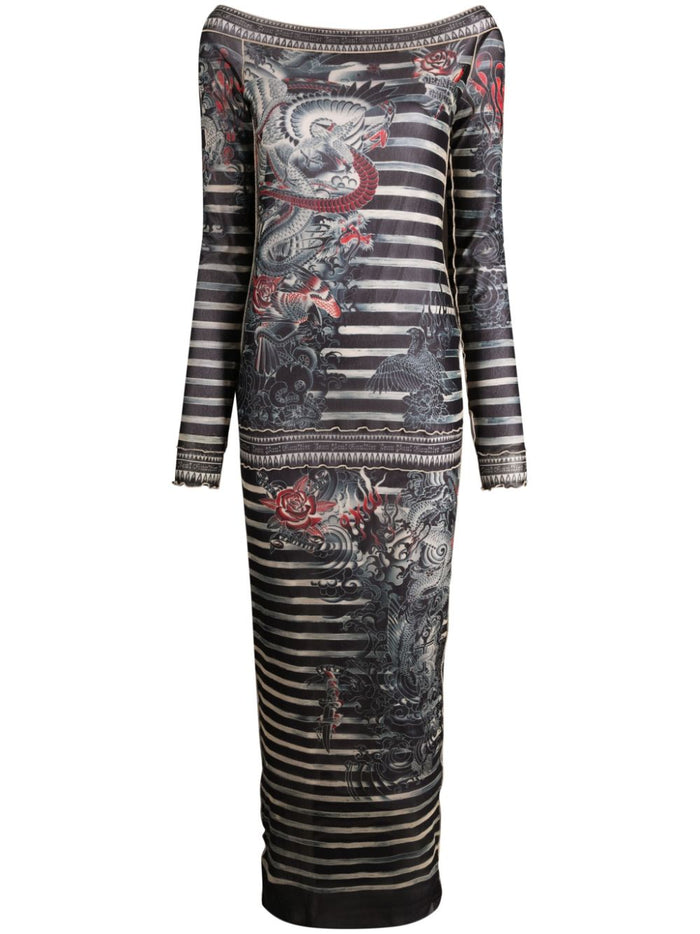 JEAN PAUL GAULTIER WOMEN Long Boat Neck Printed Dress Navy/Blue/White - MAISONDEFASHION.COM