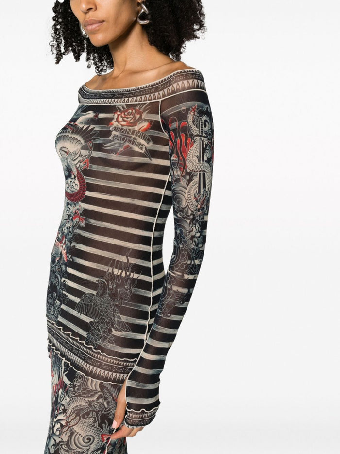 JEAN PAUL GAULTIER WOMEN Long Boat Neck Printed Dress Navy/Blue/White - MAISONDEFASHION.COM