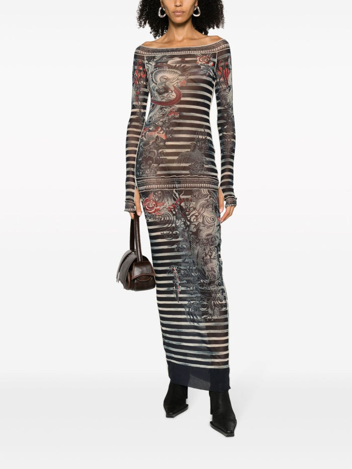 JEAN PAUL GAULTIER WOMEN Long Boat Neck Printed Dress Navy/Blue/White - MAISONDEFASHION.COM