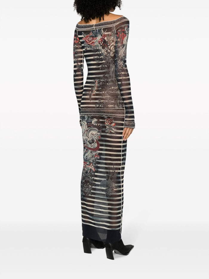 JEAN PAUL GAULTIER WOMEN Long Boat Neck Printed Dress Navy/Blue/White - MAISONDEFASHION.COM