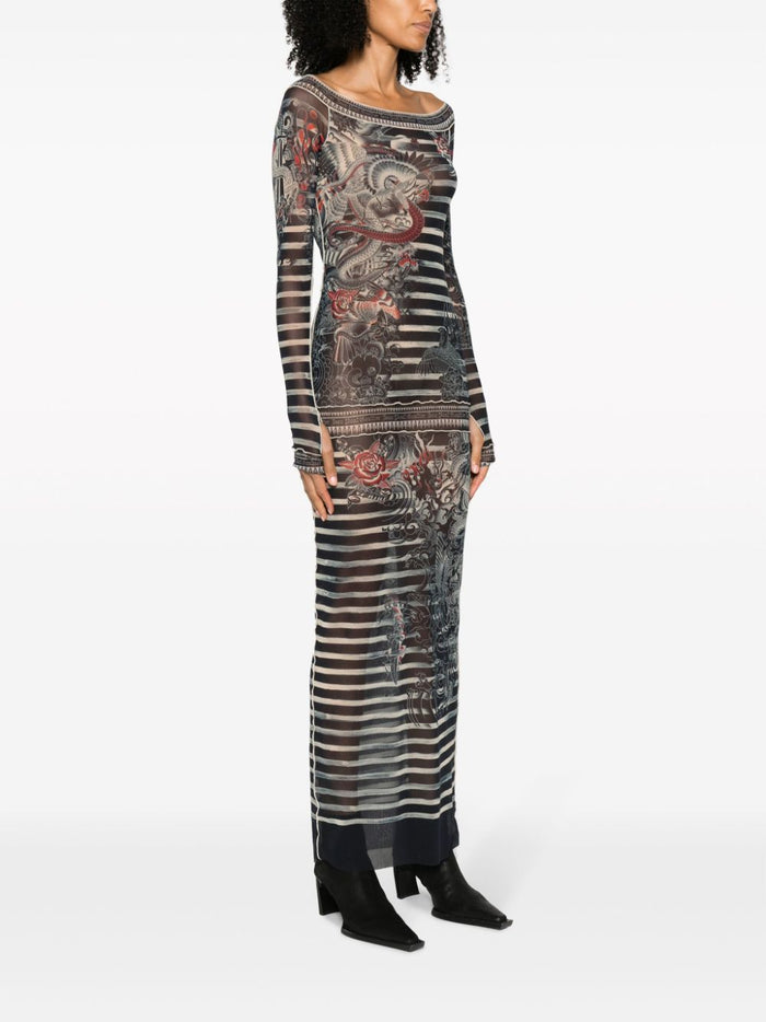 JEAN PAUL GAULTIER WOMEN Long Boat Neck Printed Dress Navy/Blue/White - MAISONDEFASHION.COM