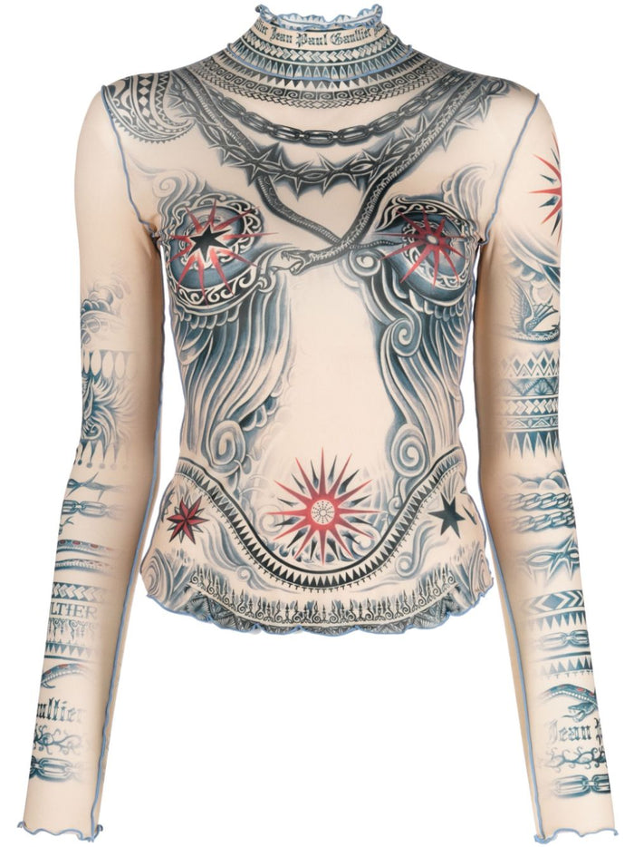 JEAN PAUL GAULTIER WOMEN Long Sleeve Printed High Neck Top Nude/Blue/Red - MAISONDEFASHION.COM
