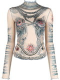 JEAN PAUL GAULTIER WOMEN Long Sleeve Printed High Neck Top Nude/Blue/Red - MAISONDEFASHION.COM
