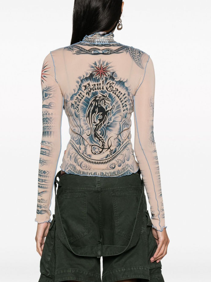 JEAN PAUL GAULTIER WOMEN Long Sleeve Printed High Neck Top Nude/Blue/Red - MAISONDEFASHION.COM
