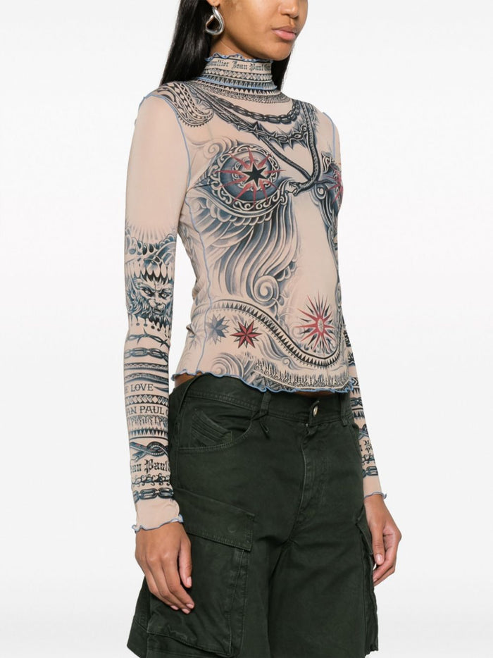 JEAN PAUL GAULTIER WOMEN Long Sleeve Printed High Neck Top Nude/Blue/Red - MAISONDEFASHION.COM