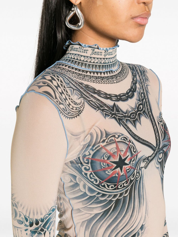JEAN PAUL GAULTIER WOMEN Long Sleeve Printed High Neck Top Nude/Blue/Red - MAISONDEFASHION.COM