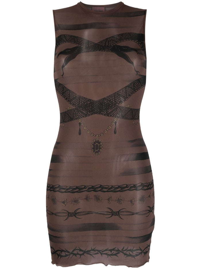 JEAN PAUL GAULTIER WOMEN Tattoo Printed Effect Crew Neck Dress Ebene/Grey/Black - MAISONDEFASHION.COM