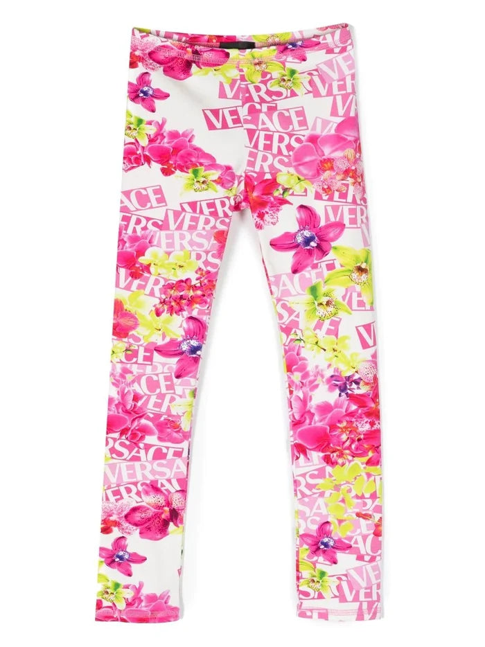 VERSACE KIDS All-over Logo-print Leggings White/Pink - MAISONDEFASHION.COM
