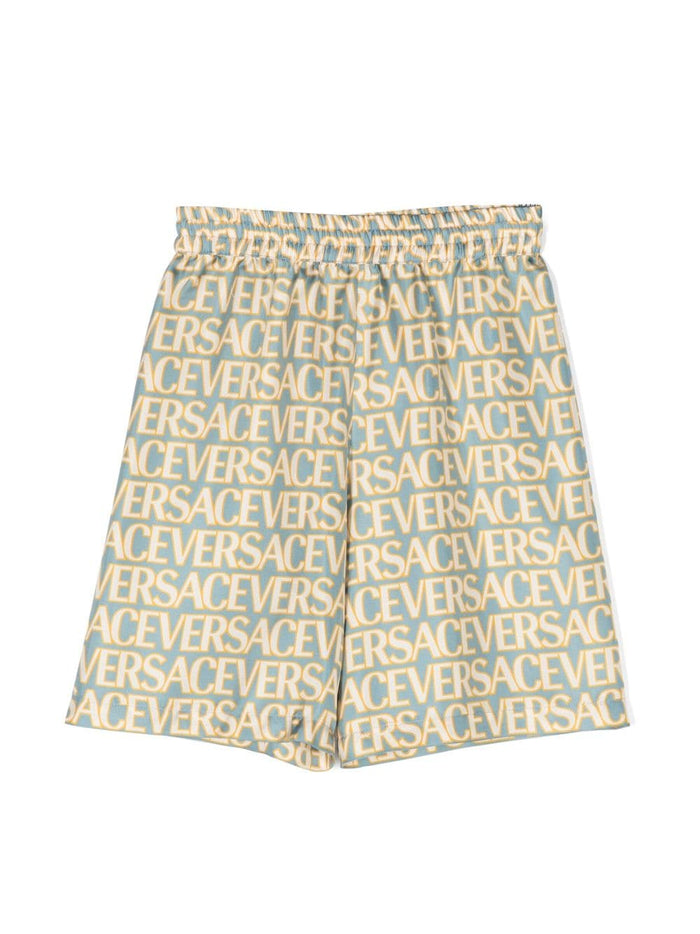 VERSACE KIDS All Over Logo Print Shorts Light Blue/Ivory - MAISONDEFASHION.COM