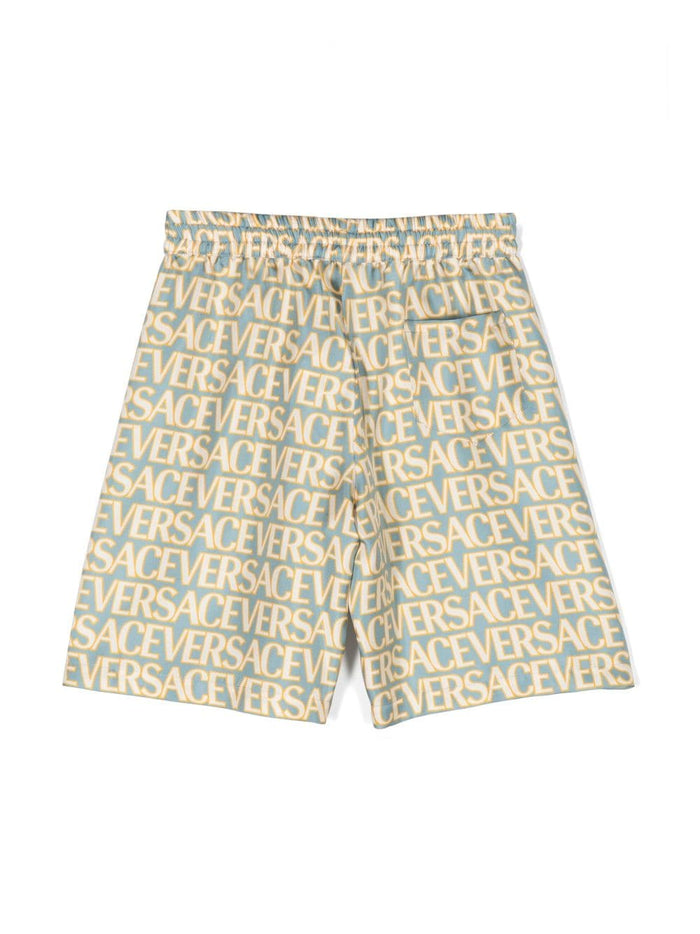 VERSACE KIDS All Over Logo Print Shorts Light Blue/Ivory - MAISONDEFASHION.COM