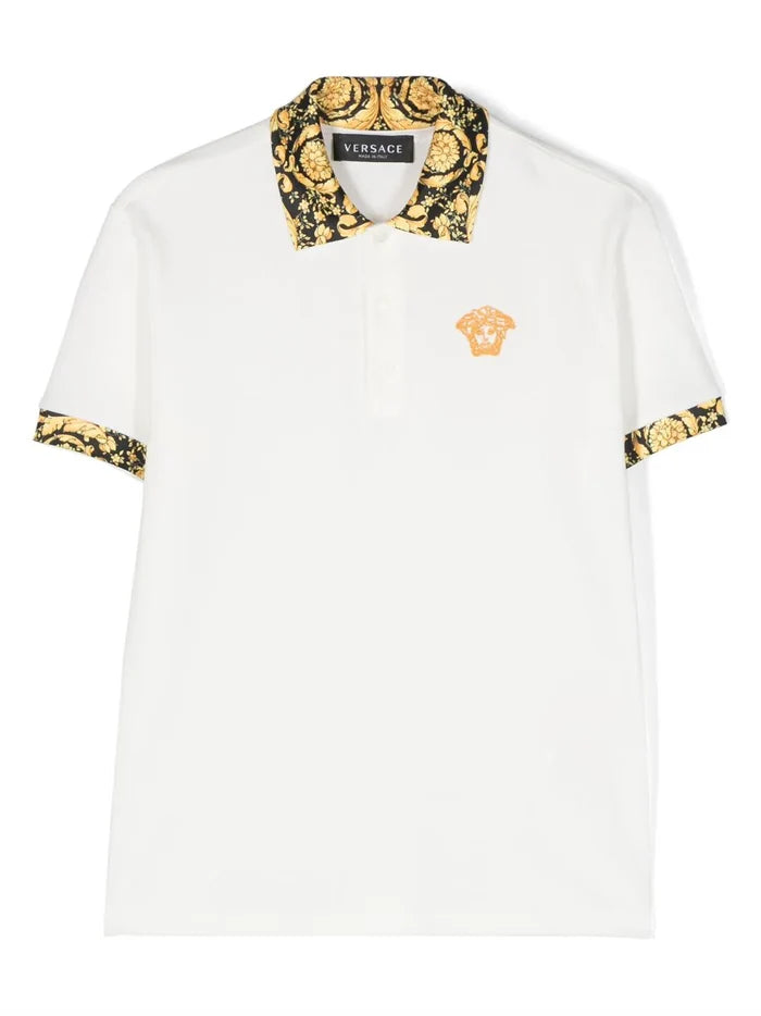 VERSACE KIDS Barocco-collar Polo Shirt White/Black/Gold - MAISONDEFASHION.COM