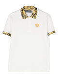 VERSACE KIDS Barocco-collar Polo Shirt White/Black/Gold - MAISONDEFASHION.COM