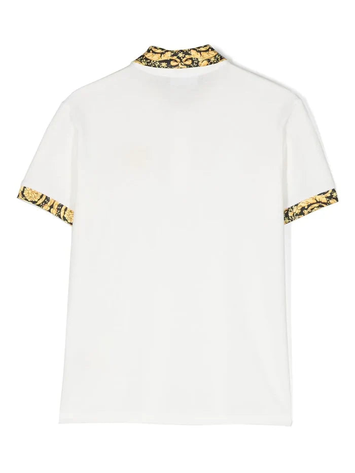 VERSACE KIDS Barocco-collar Polo Shirt White/Black/Gold - MAISONDEFASHION.COM