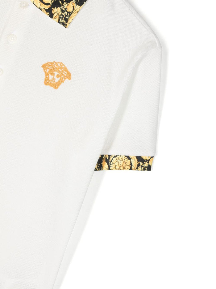 VERSACE KIDS Barocco-collar Polo Shirt White/Black/Gold - MAISONDEFASHION.COM