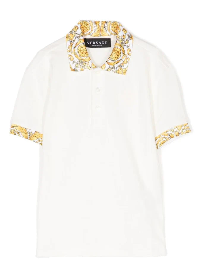 VERSACE KIDS Barocco-collar Polo Shirt White/Gold - MAISONDEFASHION.COM
