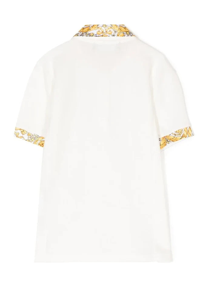 VERSACE KIDS Barocco-collar Polo Shirt White/Gold - MAISONDEFASHION.COM