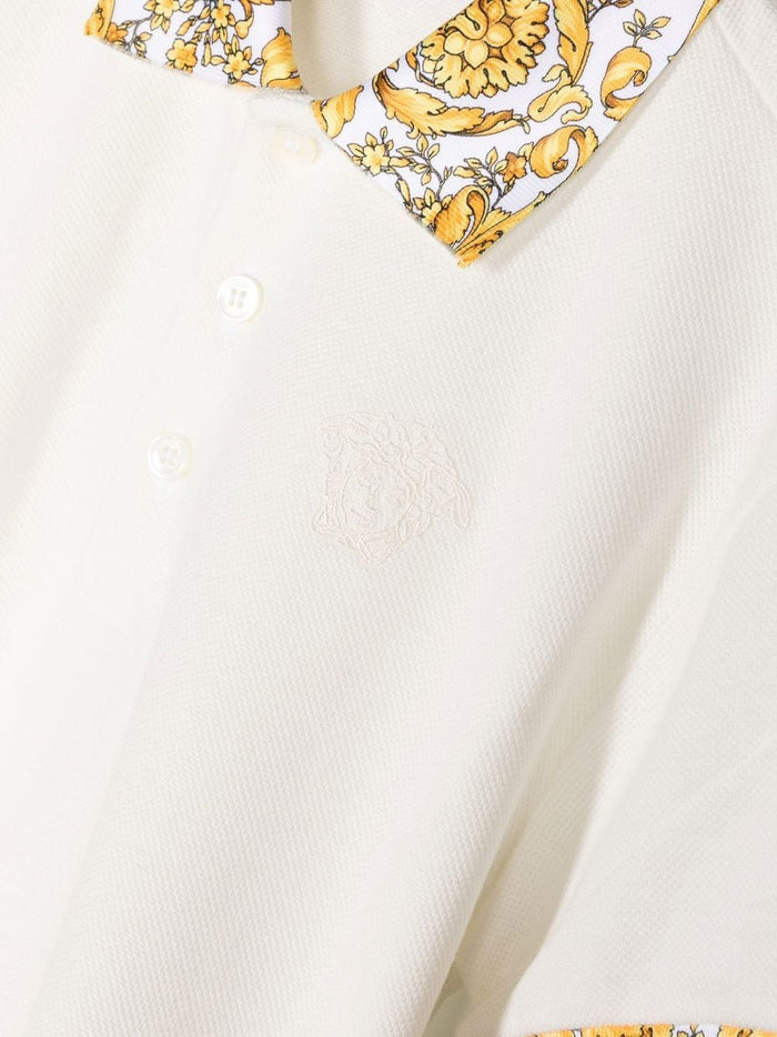 VERSACE KIDS Barocco-collar Polo Shirt White/Gold - MAISONDEFASHION.COM