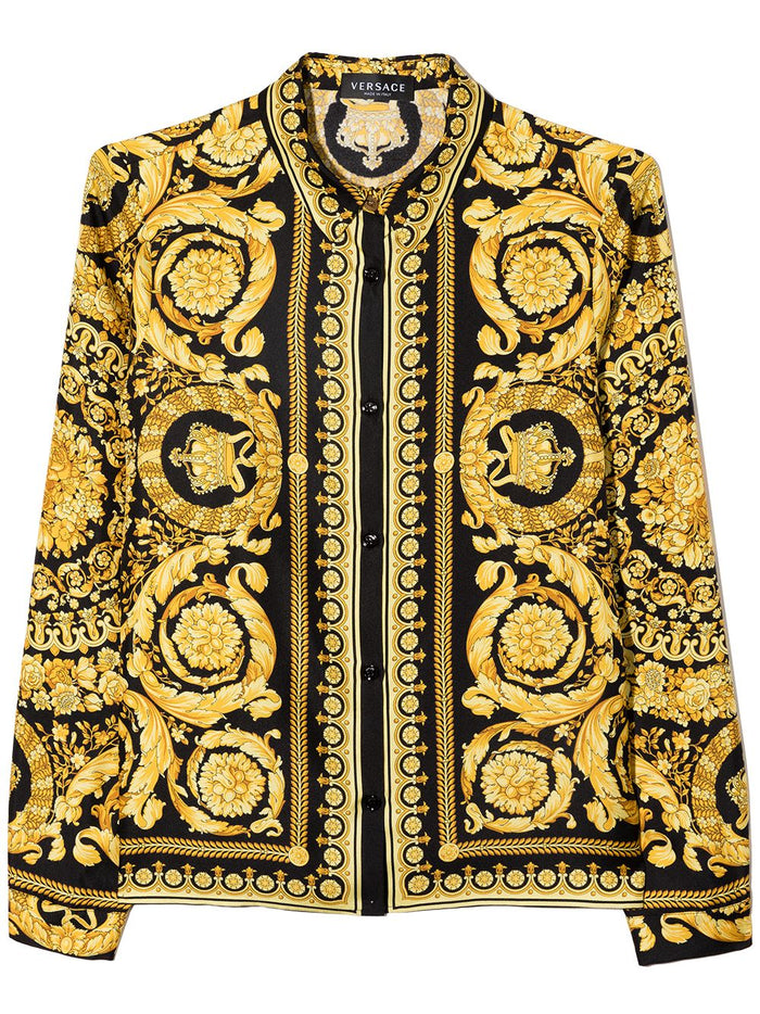 VERSACE KIDS Barocco-print Silk Shirt Black/Gold - MAISONDEFASHION.COM