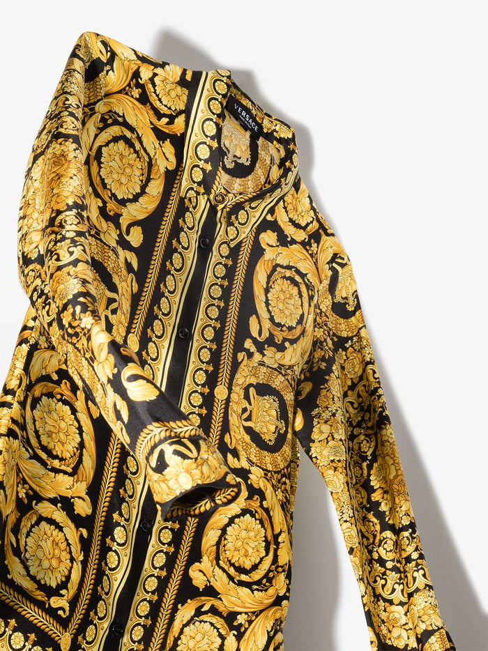 VERSACE KIDS Barocco-print Silk Shirt Black/Gold - MAISONDEFASHION.COM