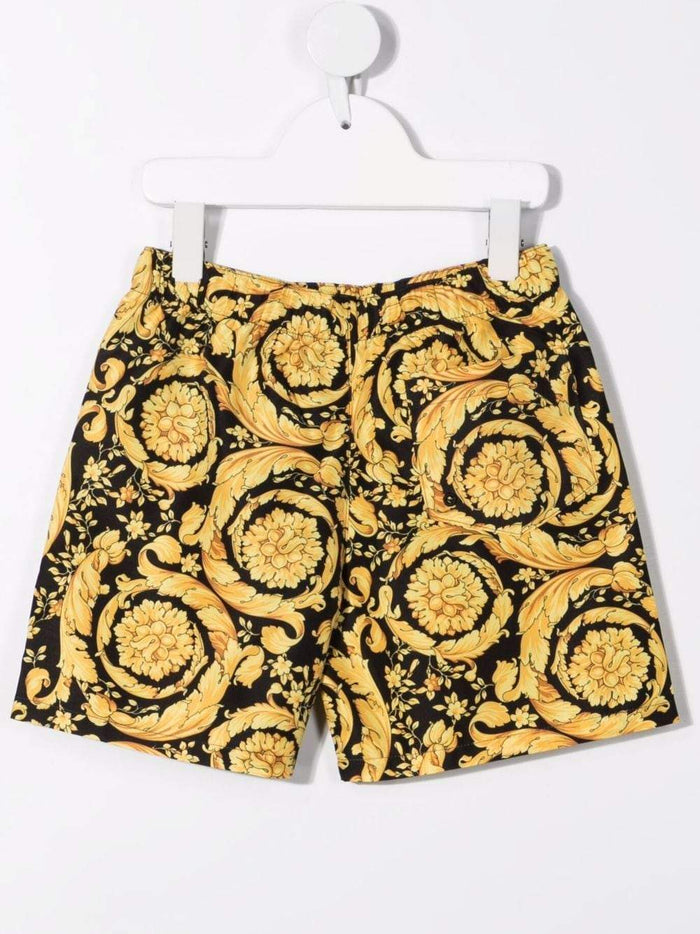 VERSACE KIDS Barocco print swim trunks Black/Yellow - MAISONDEFASHION.COM