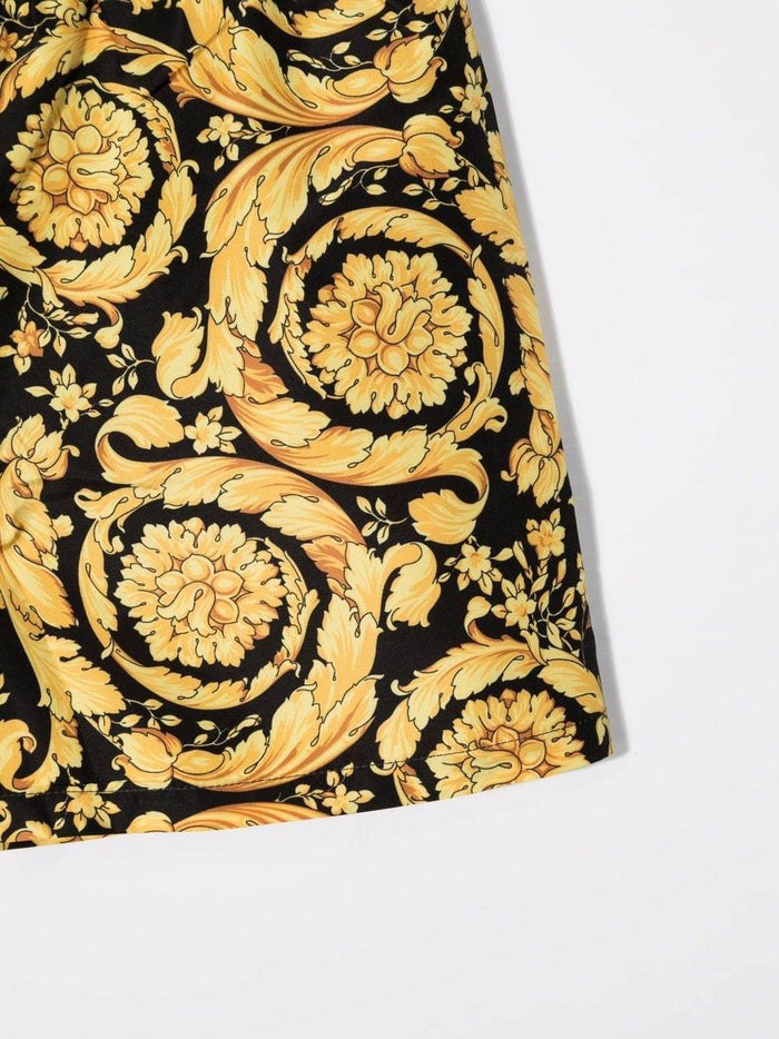 VERSACE KIDS Barocco print swim trunks Black/Yellow - MAISONDEFASHION.COM