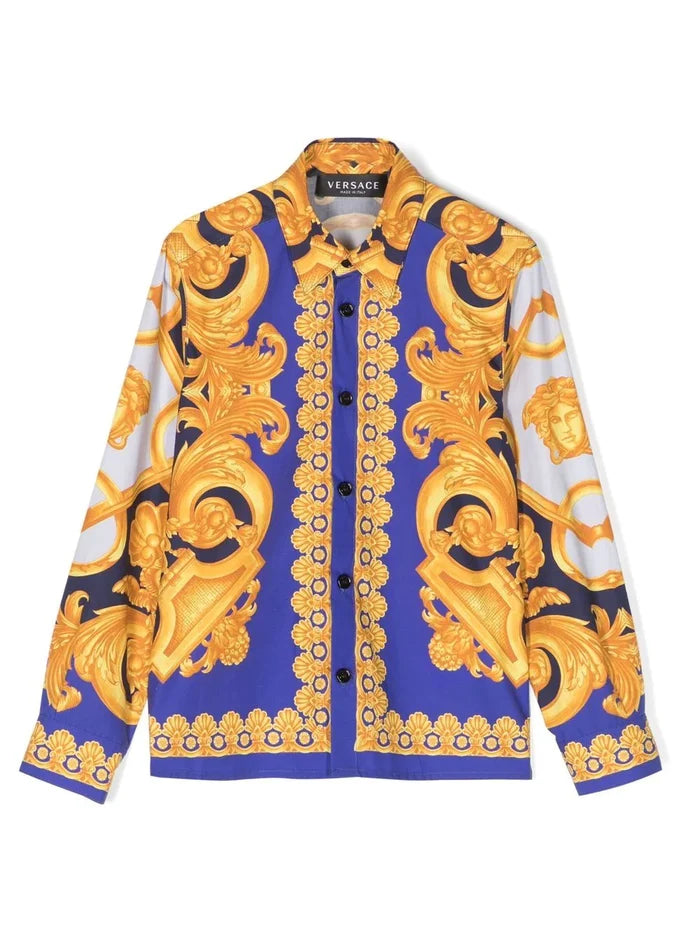 VERSACE KIDS Baroque-print Cotton Shirt Gold/Navy Blue - MAISONDEFASHION.COM