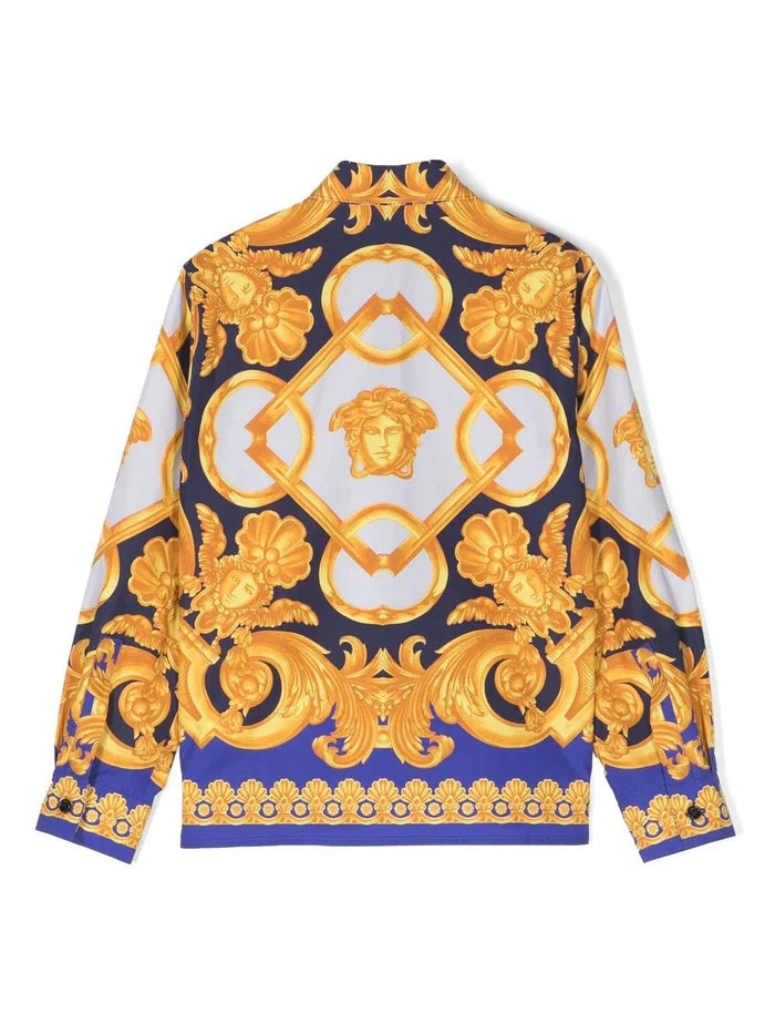 VERSACE KIDS Baroque-print Cotton Shirt Gold/Navy Blue - MAISONDEFASHION.COM