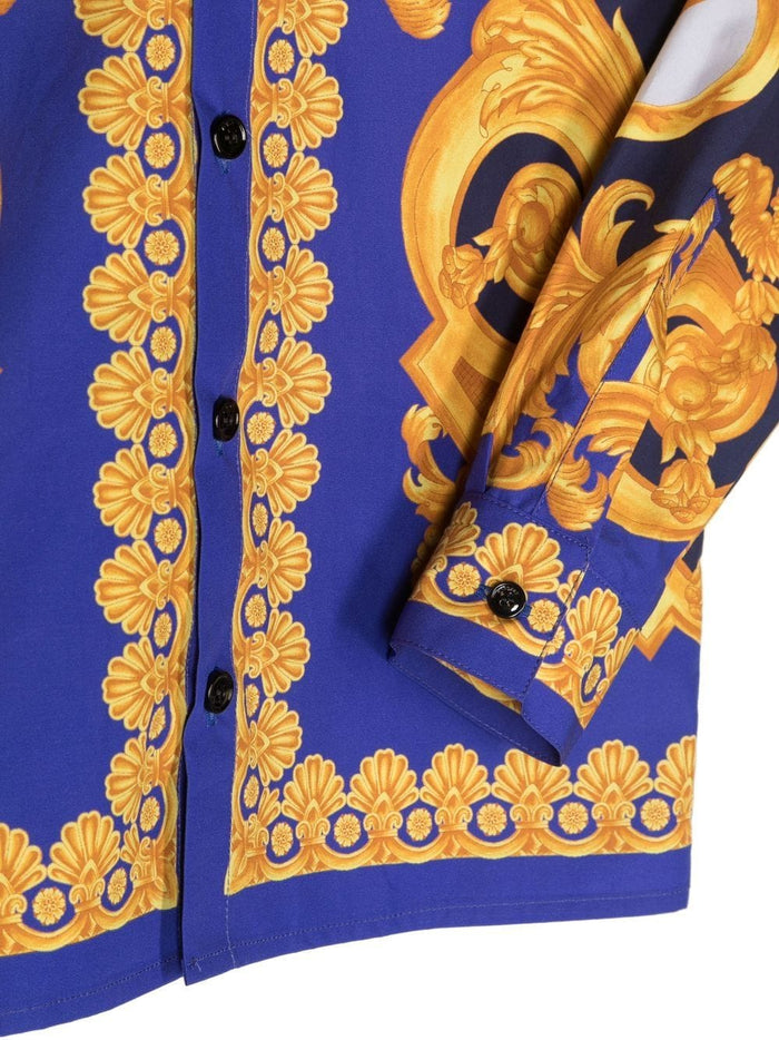 VERSACE KIDS Baroque-print Cotton Shirt Gold/Navy Blue - MAISONDEFASHION.COM
