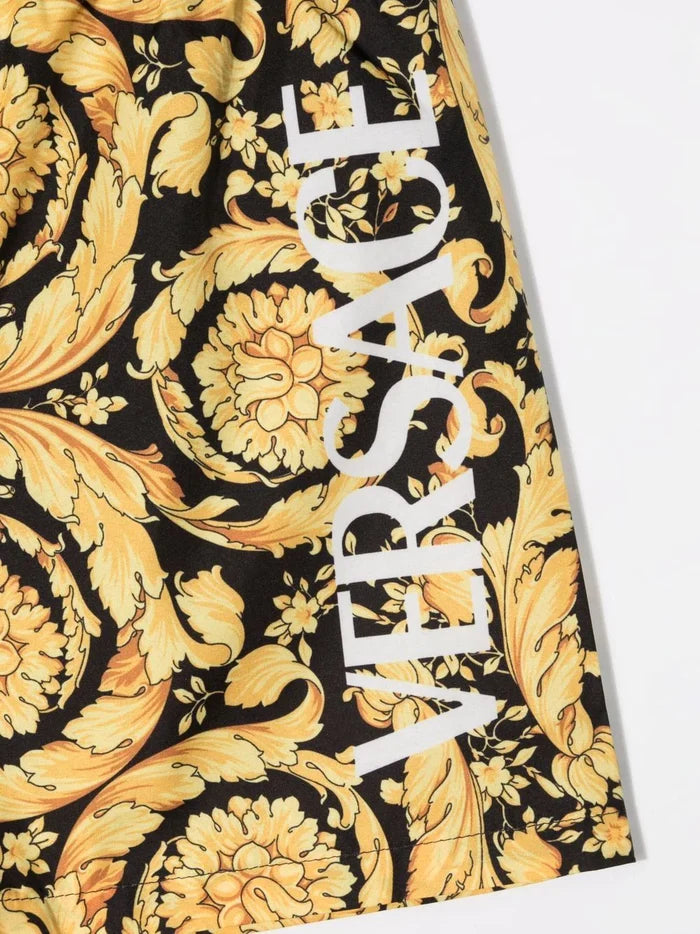 VERSACE KIDS Baroque-print Swim Shorts Black/Gold - MAISONDEFASHION.COM