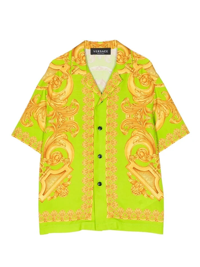 VERSACE KIDS Baroque Short-sleeve Shirt Lime/Gold - MAISONDEFASHION.COM